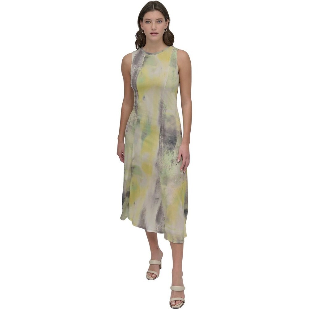 DKNY Women's Sleeveless Crewneck Watercolor Midi Dress Lime Green Tan Size L